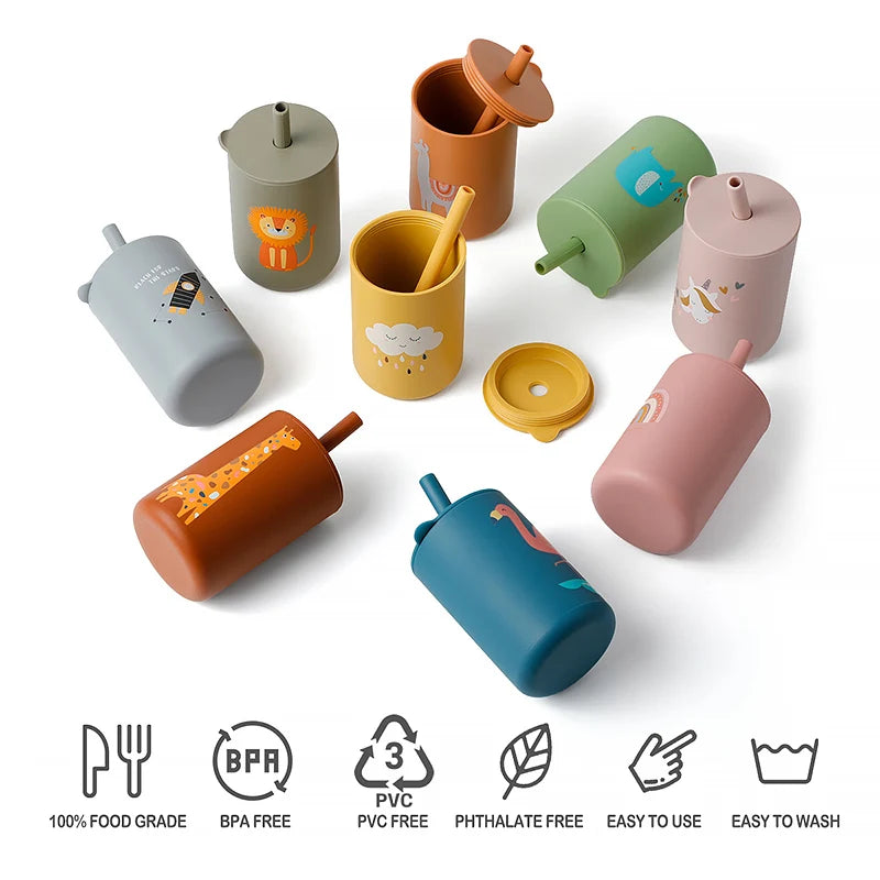 Baby Silicone Training Straw Cup – 150ml Leakproof Toddler Sippy Cup, BPA Free Cartoon Learning Water Bottle