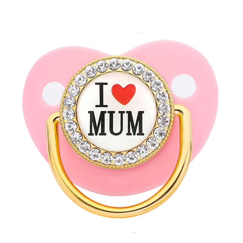 Bling Rhinestone Baby Pacifier – BPA-Free Silicone Newborn Soother with “I Love Mum & Dad” Design | Baby Shower Gift with Cover