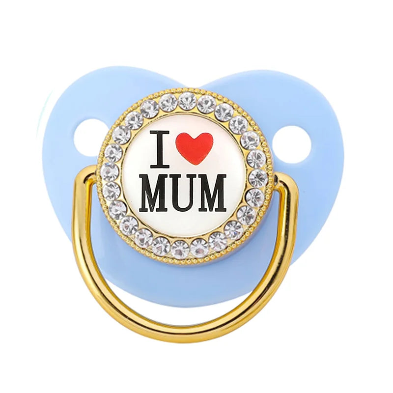 Bling Rhinestone Baby Pacifier – BPA-Free Silicone Newborn Soother with “I Love Mum & Dad” Design | Baby Shower Gift with Cover