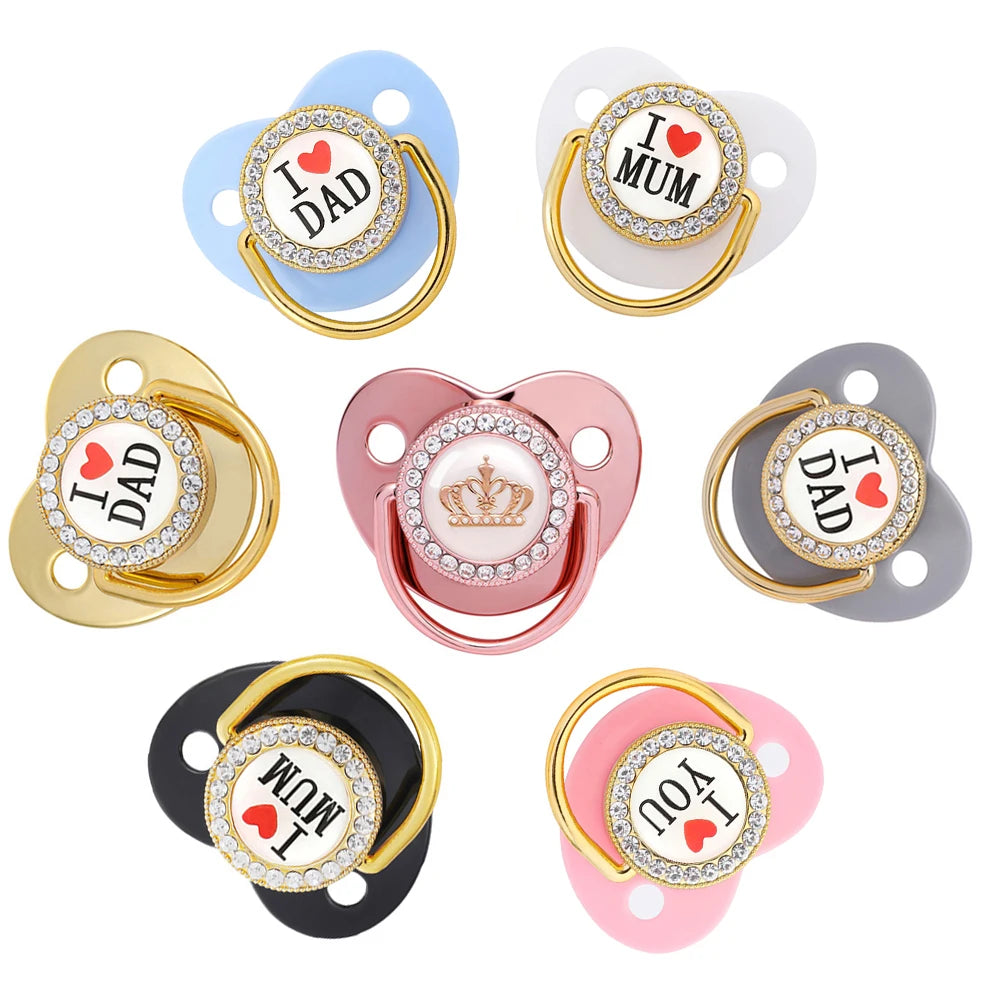 Bling Rhinestone Baby Pacifier – BPA-Free Silicone Newborn Soother with “I Love Mum & Dad” Design | Baby Shower Gift with Cover