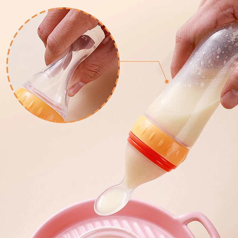 Silicone Baby Squeeze Feeding Bottle with Spoon – Newborn Training Rice Cereal & Food Supplement Feeder