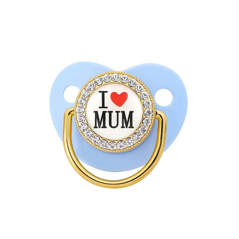 Bling Rhinestone Baby Pacifier – BPA-Free Silicone Newborn Soother with “I Love Mum & Dad” Design | Baby Shower Gift with Cover
