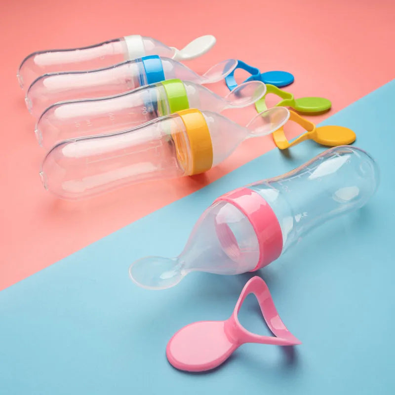 Silicone Baby Squeeze Feeding Bottle with Spoon – Newborn Training Rice Cereal & Food Supplement Feeder