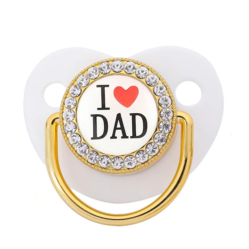 Bling Rhinestone Baby Pacifier – BPA-Free Silicone Newborn Soother with “I Love Mum & Dad” Design | Baby Shower Gift with Cover