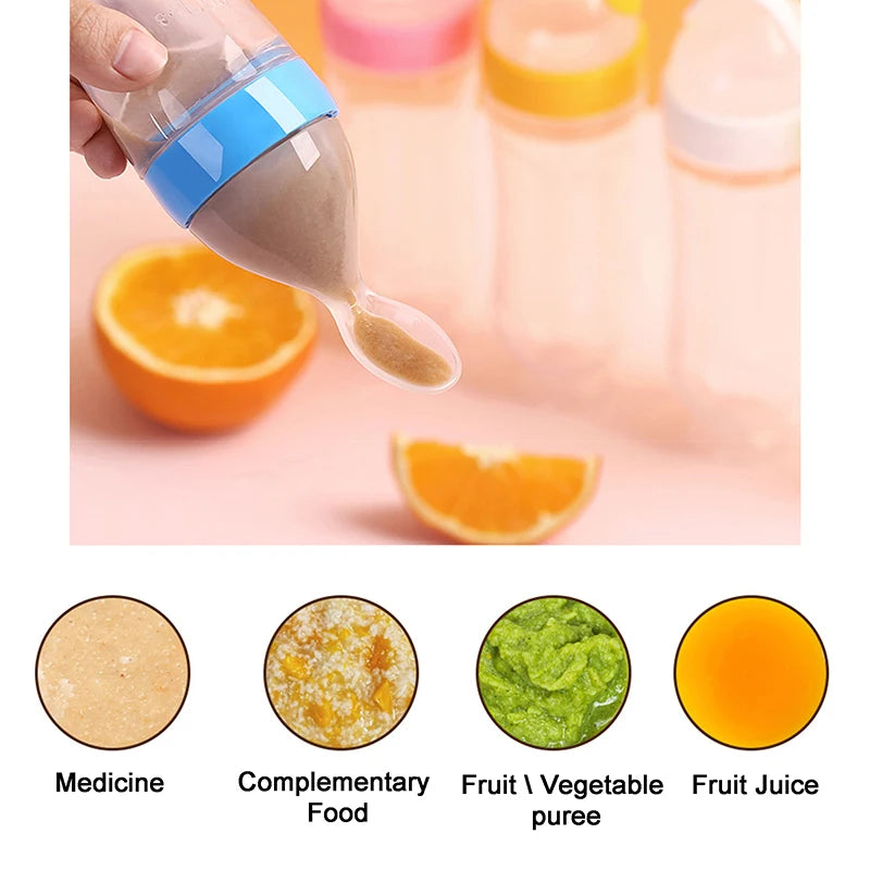 Silicone Baby Squeeze Feeding Bottle with Spoon – Newborn Training Rice Cereal & Food Supplement Feeder