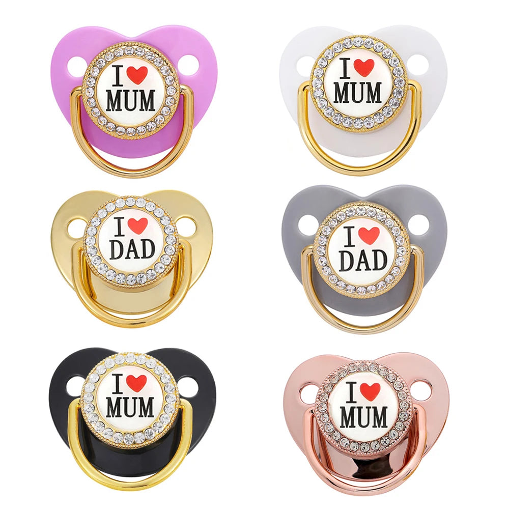 Bling Rhinestone Baby Pacifier – BPA-Free Silicone Newborn Soother with “I Love Mum & Dad” Design | Baby Shower Gift with Cover