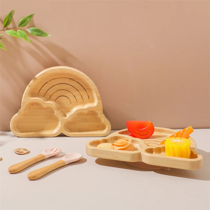 Baby Wooden Tableware Set – Bamboo Plate & Bowl with Silicone Suction Base + Wooden Handle Fork & Spoon | Cartoon Sheep Feeding Set for Toddlers & Kids