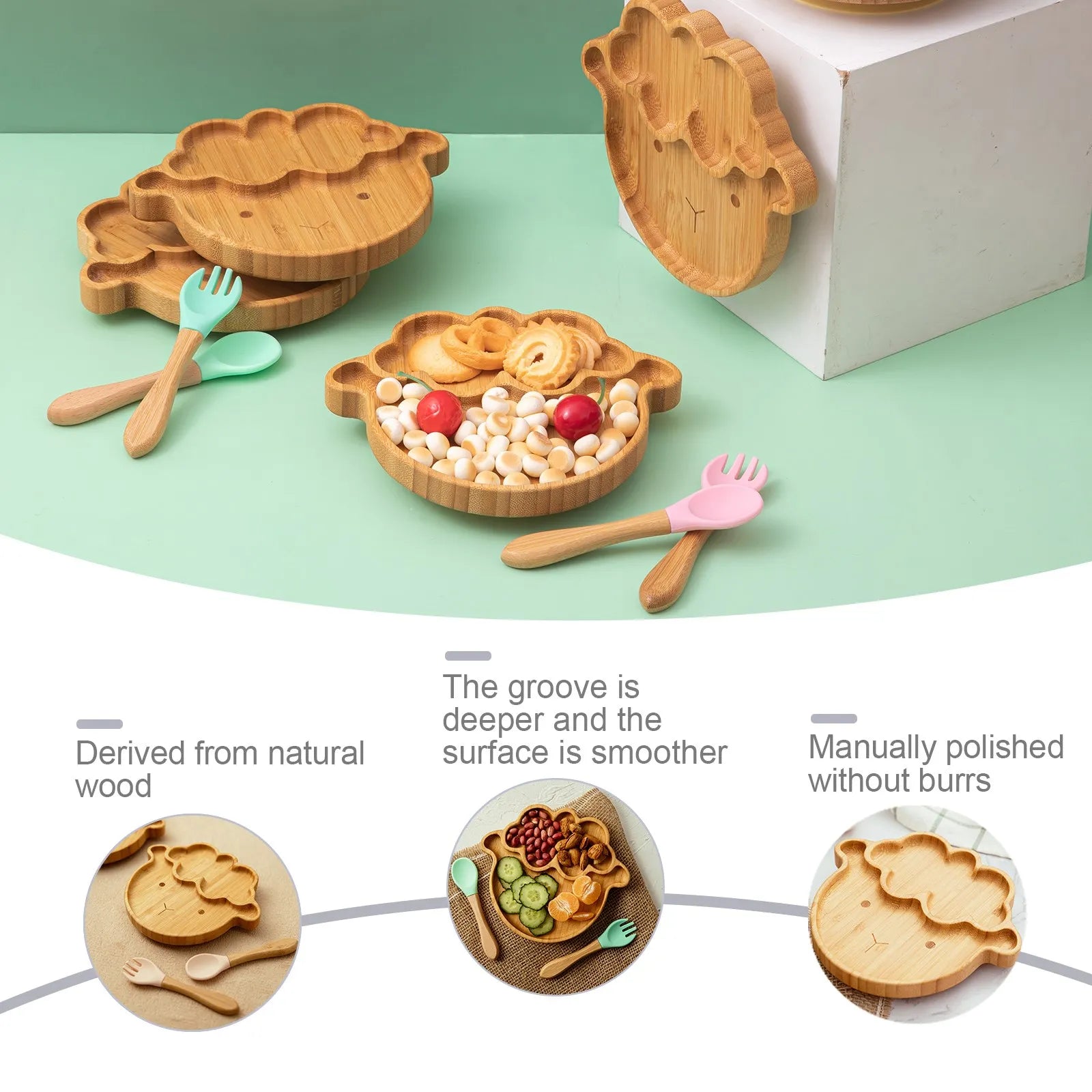 Baby Wooden Tableware Set – Bamboo Plate & Bowl with Silicone Suction Base + Wooden Handle Fork & Spoon | Cartoon Sheep Feeding Set for Toddlers & Kids