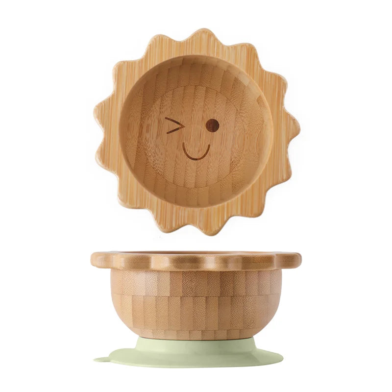 Baby Wooden Tableware Set – Bamboo Plate & Bowl with Silicone Suction Base + Wooden Handle Fork & Spoon | Cartoon Sheep Feeding Set for Toddlers & Kids