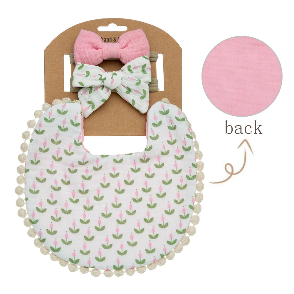 3PCS Baby Bib & Headband Set – Floral Linen Double-Sided Feeding Bib, Bow Nylon Hairbands & Burp Cloth | Unisex Baby Accessories