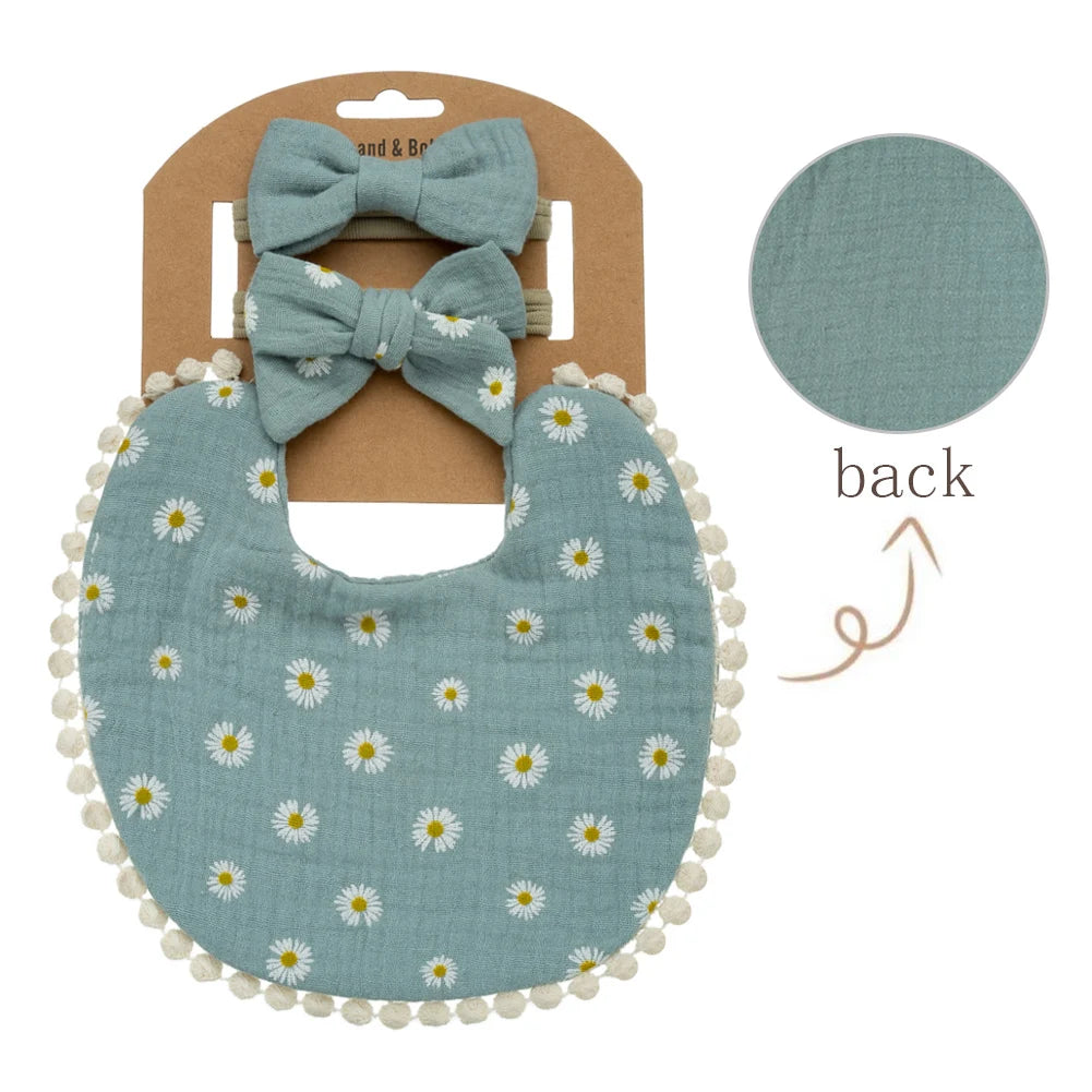 3PCS Baby Bib & Headband Set – Floral Linen Double-Sided Feeding Bib, Bow Nylon Hairbands & Burp Cloth | Unisex Baby Accessories