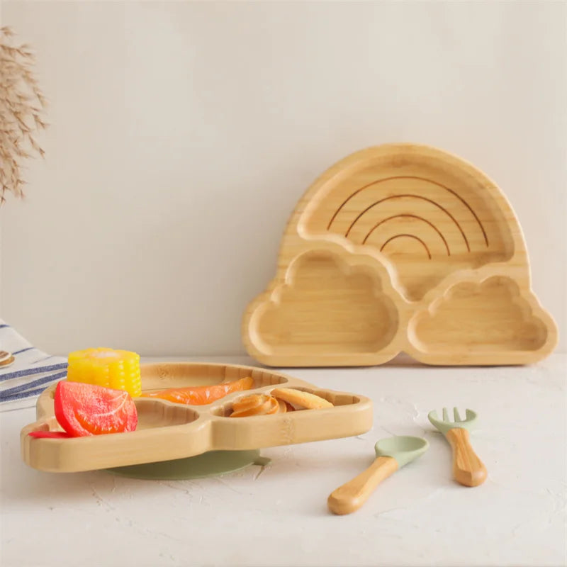 Baby Wooden Tableware Set – Bamboo Plate & Bowl with Silicone Suction Base + Wooden Handle Fork & Spoon | Cartoon Sheep Feeding Set for Toddlers & Kids