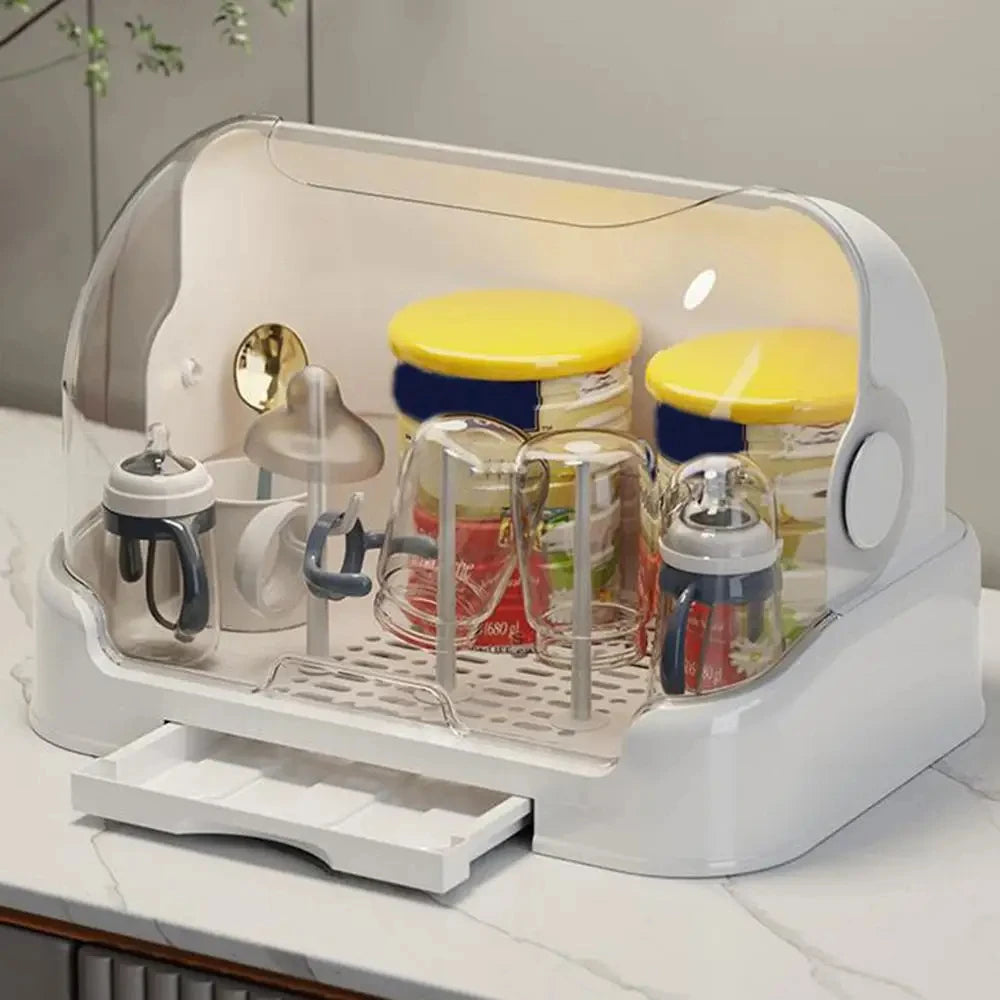 Portable Baby Bottle Drying Rack & Organizer – Dustproof Storage Container with Removable Drip Tray | Hygienic Feeding Accessories for Bottles, Cups & Pump Parts