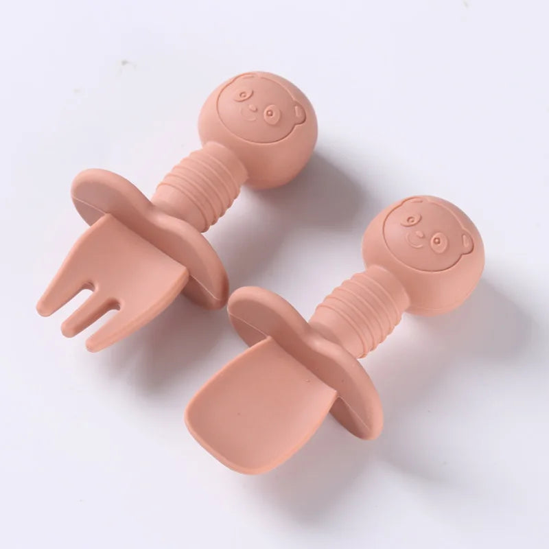 2PCS Baby Training Spoon & Fork Set – Food-Grade Silicone with Wooden Handle | BPA-Free Toddler Feeding Cutlery
