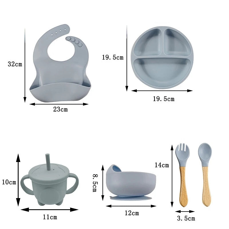 8-Piece Baby Silicone Feeding Set – Suction Bowl, Suction Plate, Fork, Spoon, Bib, Sippy Cup & Training Cup | Safe, BPA-Free Children’s Tableware Set