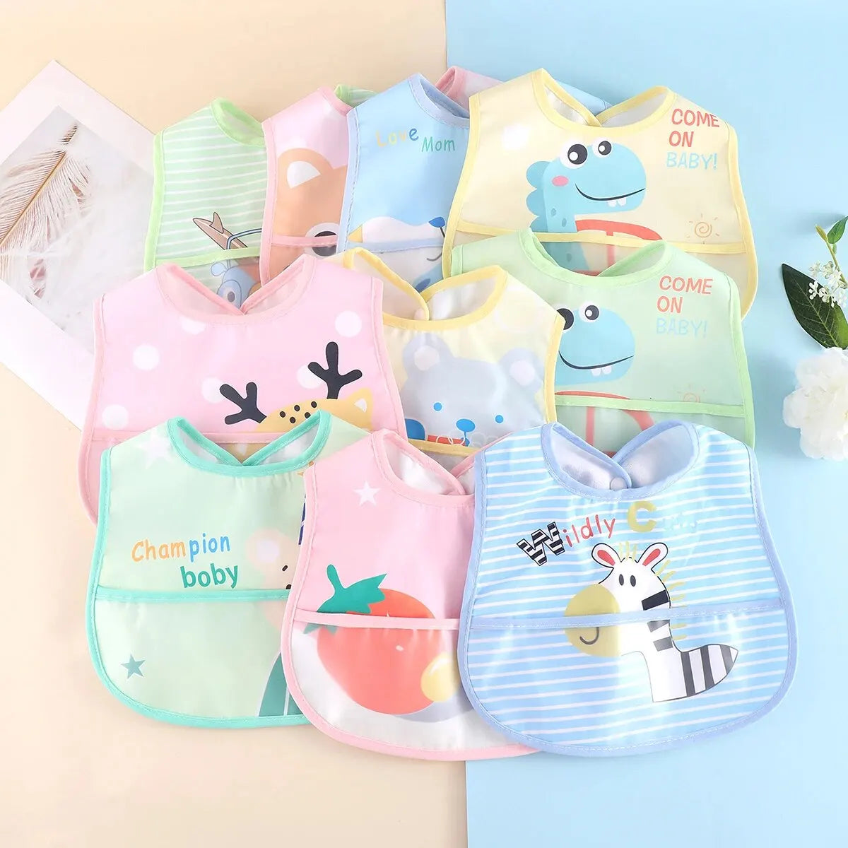 5PCS Cartoon Animal Baby Bibs – Waterproof Feeding Aprons for Boys & Girls | Adjustable Toddler Saliva Bibs