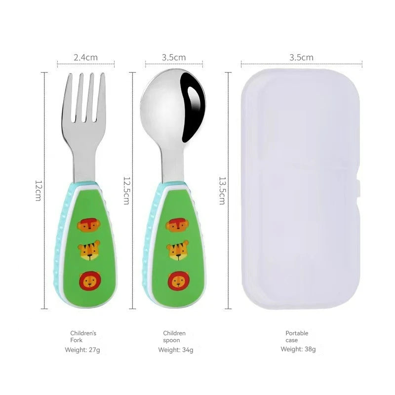 2PCS Toddler Utensils Set – Stainless Steel Spoon & Fork with Cute Cartoon Dinosaur Short Handle | Kids Feeding Cutlery