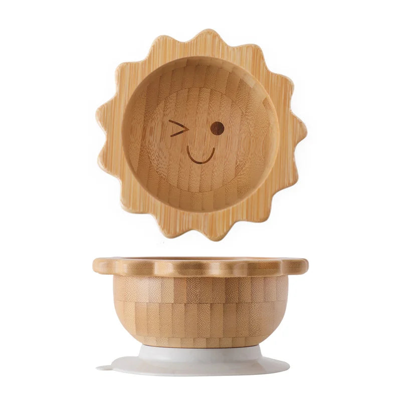Baby Wooden Tableware Set – Bamboo Plate & Bowl with Silicone Suction Base + Wooden Handle Fork & Spoon | Cartoon Sheep Feeding Set for Toddlers & Kids