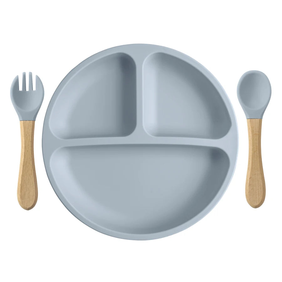 3PCS Baby Silicone Feeding Set – Suction Dinner Plate, Wooden Handle Spoon & Fork | BPA-Free Toddler Training Tableware