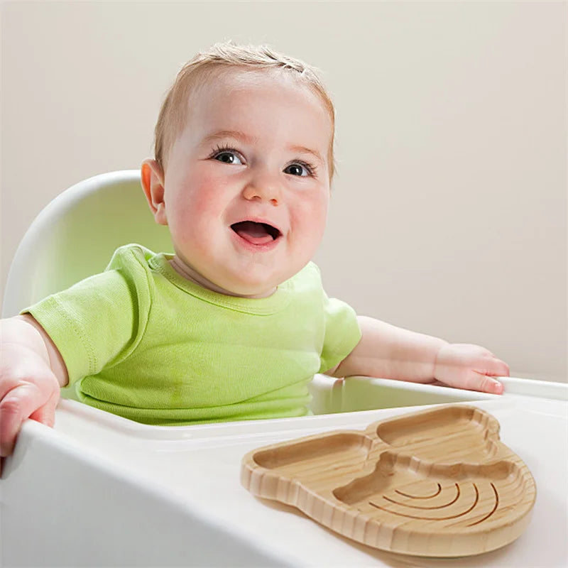 Baby Wooden Tableware Set – Bamboo Plate & Bowl with Silicone Suction Base + Wooden Handle Fork & Spoon | Cartoon Sheep Feeding Set for Toddlers & Kids