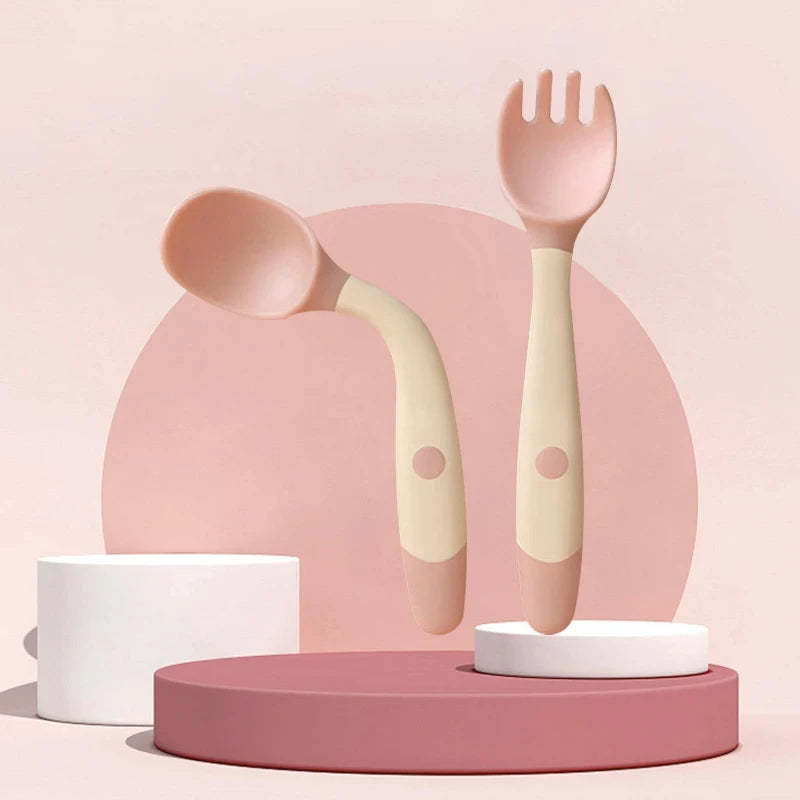 Bendable Baby Fork & Spoon Set – Soft Silicone Training Utensils | Adjustable Angle Toddler Feeding Tableware