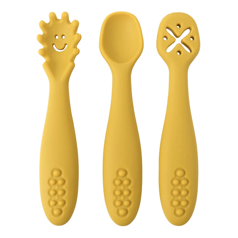 3PCS Baby Learning Spoon Set – Soft Silicone Utensils for Newborns & Toddlers | Training Scoop & Weaning Cutlery
