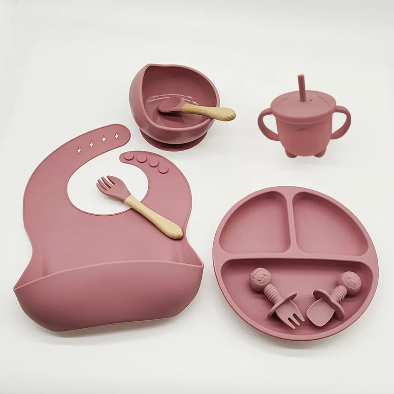 8-Piece Baby Silicone Feeding Set – Suction Bowl, Suction Plate, Fork, Spoon, Bib, Sippy Cup & Training Cup | Safe, BPA-Free Children’s Tableware Set