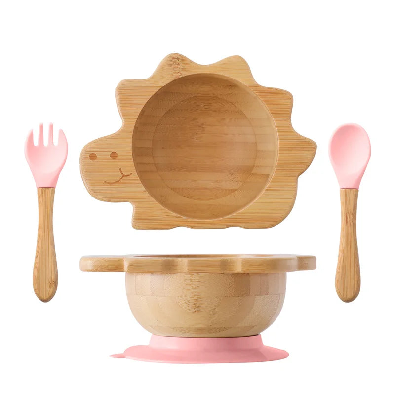 Baby Wooden Tableware Set – Bamboo Plate & Bowl with Silicone Suction Base + Wooden Handle Fork & Spoon | Cartoon Sheep Feeding Set for Toddlers & Kids