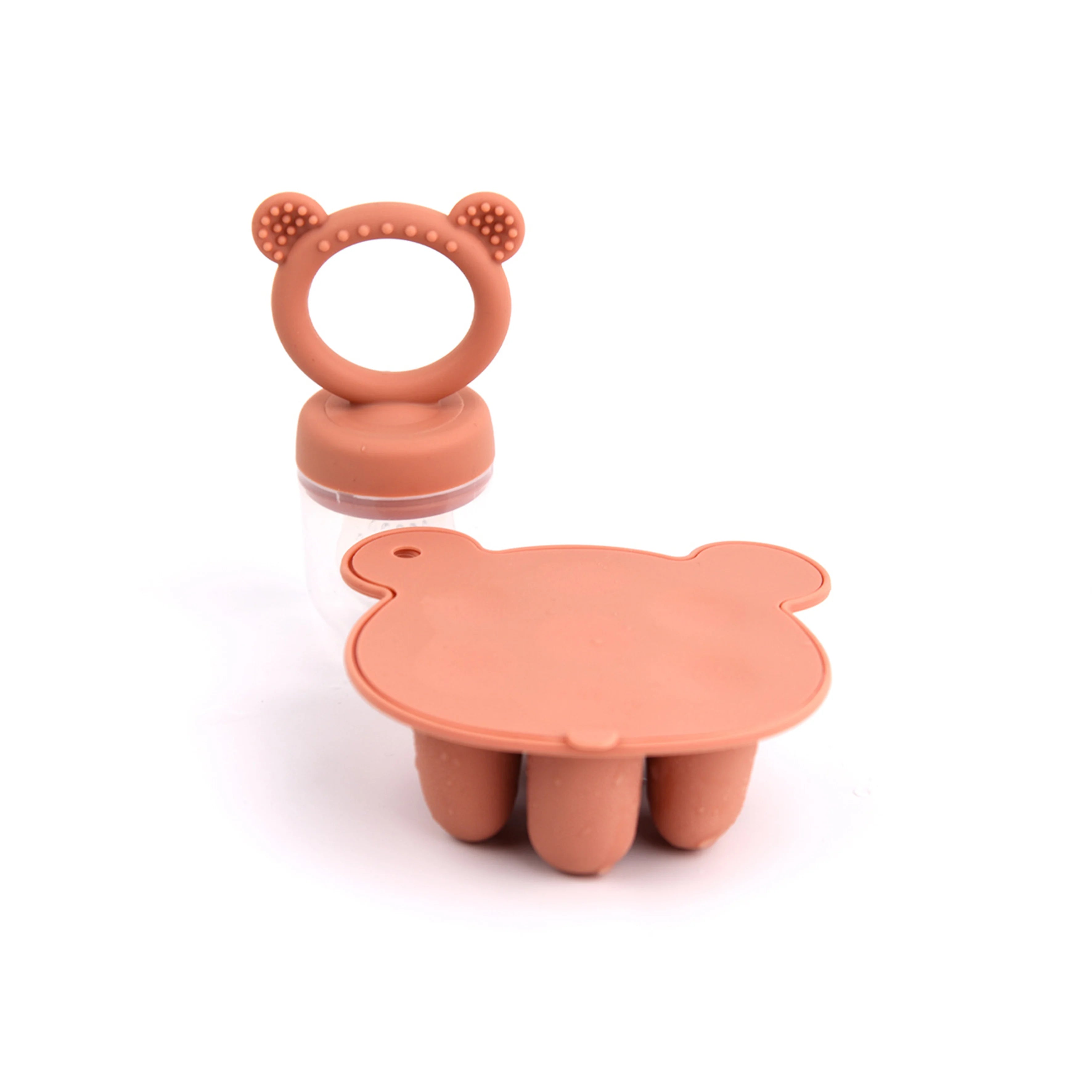 Baby Fruit Feeder & Silicone Freezer Tray Set – Animal Design Bear Teether with Breast Milk, Food & Popsicle Storage Mold | BPA-Free Baby Feeding Essentials