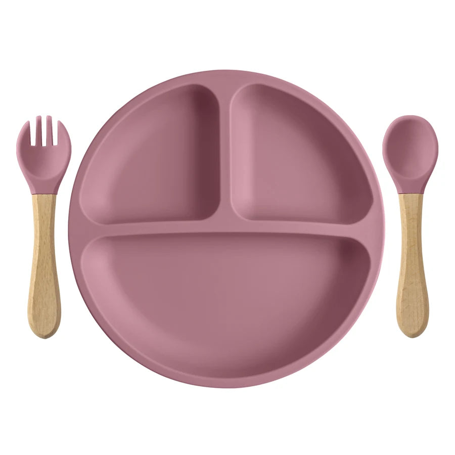 3PCS Baby Silicone Feeding Set – Suction Dinner Plate, Wooden Handle Spoon & Fork | BPA-Free Toddler Training Tableware