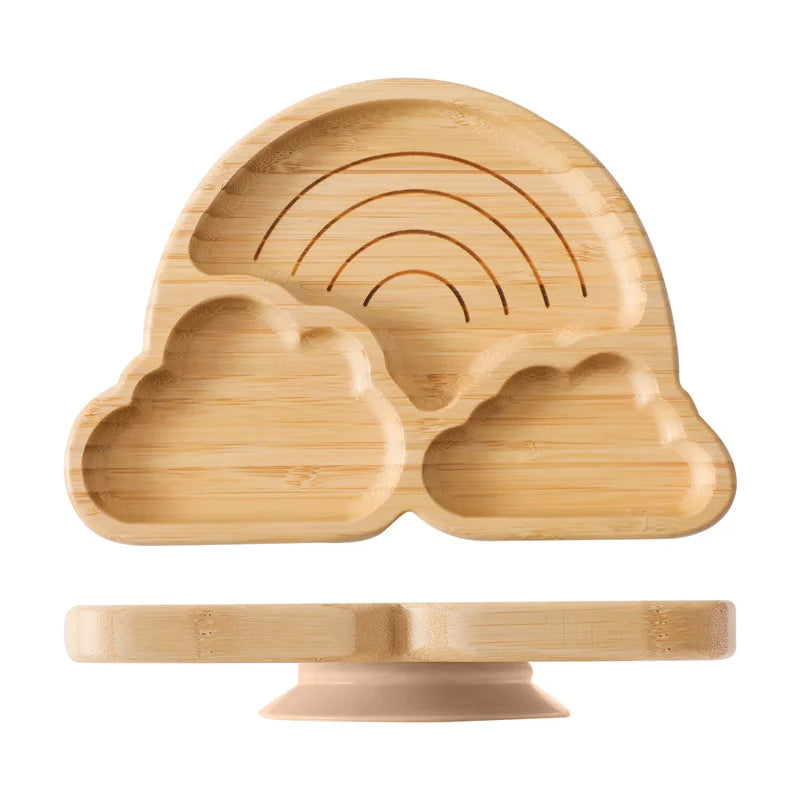 Baby Wooden Tableware Set – Bamboo Plate & Bowl with Silicone Suction Base + Wooden Handle Fork & Spoon | Cartoon Sheep Feeding Set for Toddlers & Kids