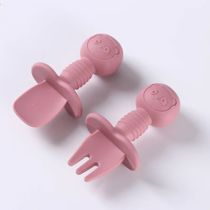 2PCS Baby Training Spoon & Fork Set – Food-Grade Silicone with Wooden Handle | BPA-Free Toddler Feeding Cutlery