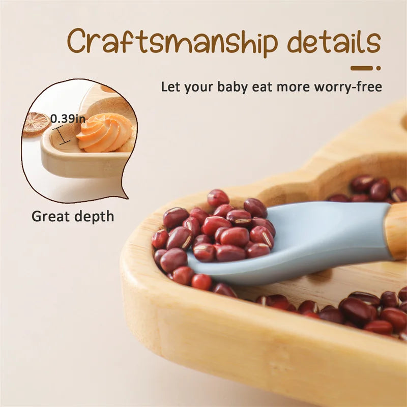 Baby Wooden Tableware Set – Bamboo Plate & Bowl with Silicone Suction Base + Wooden Handle Fork & Spoon | Cartoon Sheep Feeding Set for Toddlers & Kids