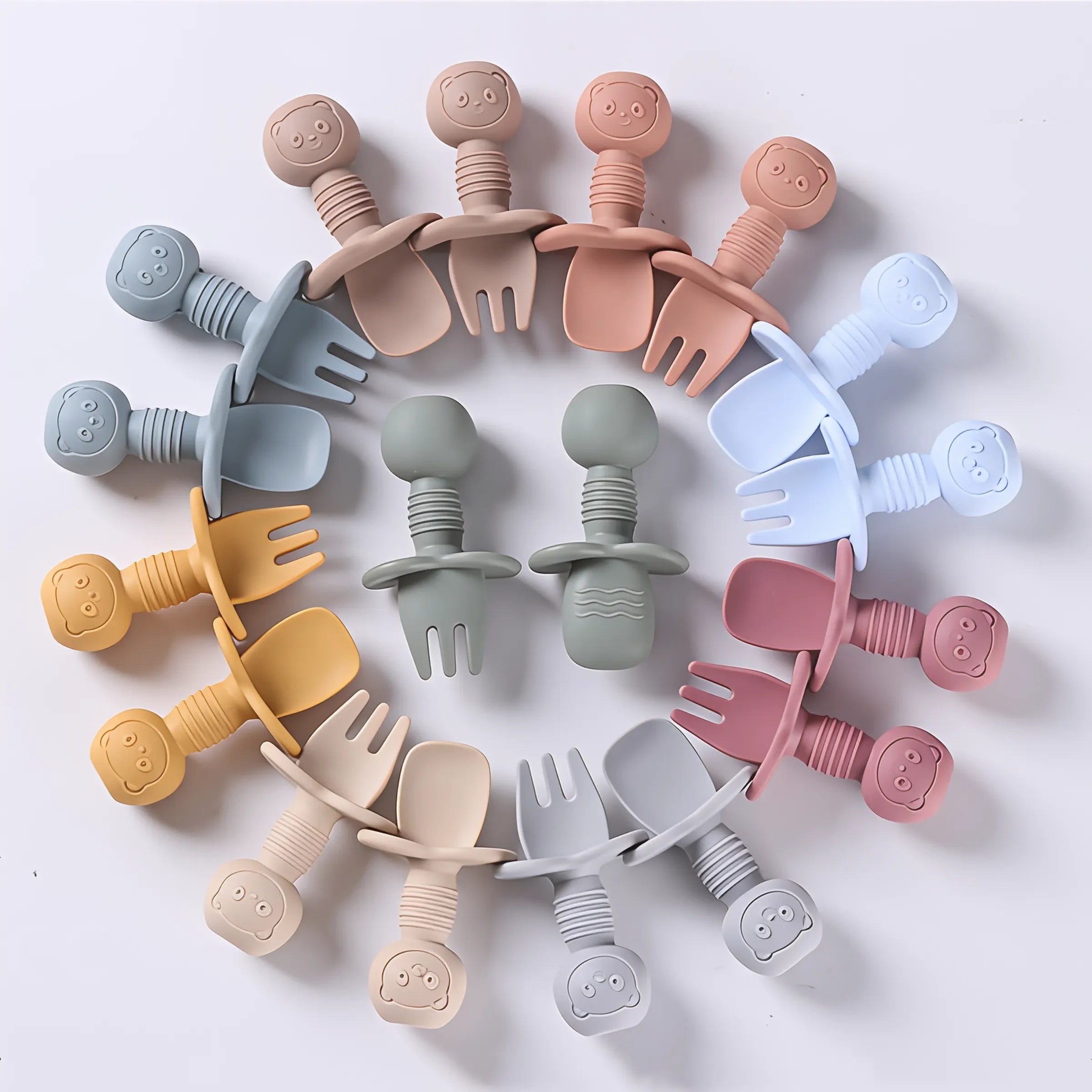 2PCS Baby Training Spoon & Fork Set – Food-Grade Silicone with Wooden Handle | BPA-Free Toddler Feeding Cutlery