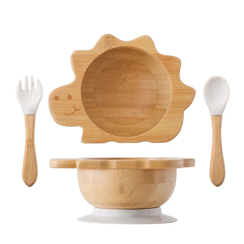 Baby Wooden Tableware Set – Bamboo Plate & Bowl with Silicone Suction Base + Wooden Handle Fork & Spoon | Cartoon Sheep Feeding Set for Toddlers & Kids