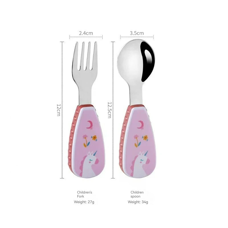 2PCS Toddler Utensils Set – Stainless Steel Spoon & Fork with Cute Cartoon Dinosaur Short Handle | Kids Feeding Cutlery
