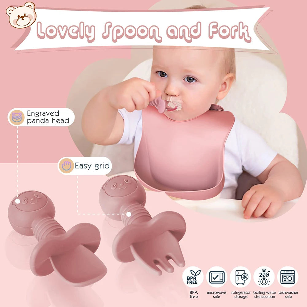 8-Piece Baby Silicone Feeding Set – Suction Bowl, Suction Plate, Fork, Spoon, Bib, Sippy Cup & Training Cup | Safe, BPA-Free Children’s Tableware Set