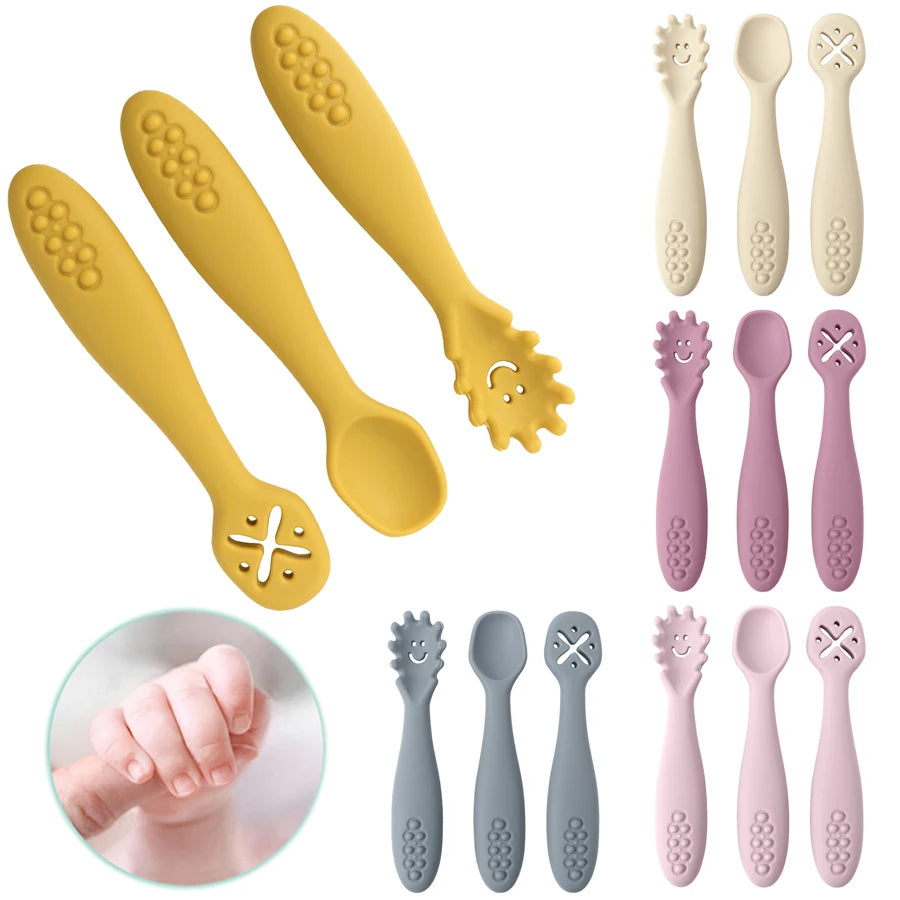 3PCS Baby Learning Spoon Set – Soft Silicone Utensils for Newborns & Toddlers | Training Scoop & Weaning Cutlery