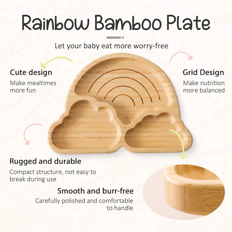 Baby Wooden Tableware Set – Bamboo Plate & Bowl with Silicone Suction Base + Wooden Handle Fork & Spoon | Cartoon Sheep Feeding Set for Toddlers & Kids