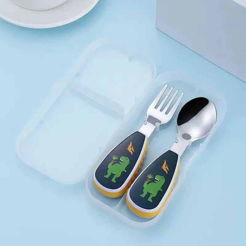 2PCS Toddler Utensils Set – Stainless Steel Spoon & Fork with Cute Cartoon Dinosaur Short Handle | Kids Feeding Cutlery