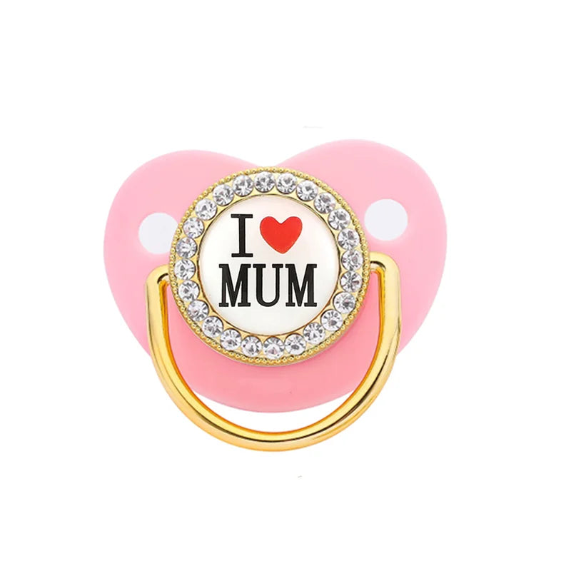 Bling Rhinestone Baby Pacifier – BPA-Free Silicone Newborn Soother with “I Love Mum & Dad” Design | Baby Shower Gift with Cover
