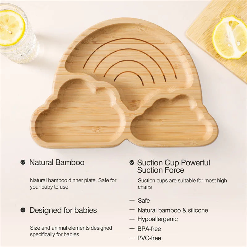 Baby Wooden Tableware Set – Bamboo Plate & Bowl with Silicone Suction Base + Wooden Handle Fork & Spoon | Cartoon Sheep Feeding Set for Toddlers & Kids