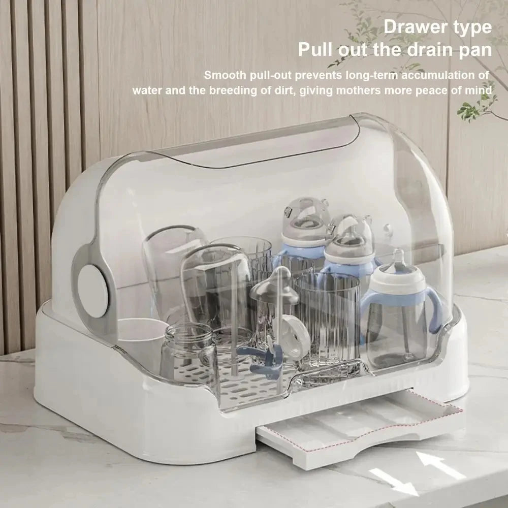 Portable Baby Bottle Drying Rack & Organizer – Dustproof Storage Container with Removable Drip Tray | Hygienic Feeding Accessories for Bottles, Cups & Pump Parts