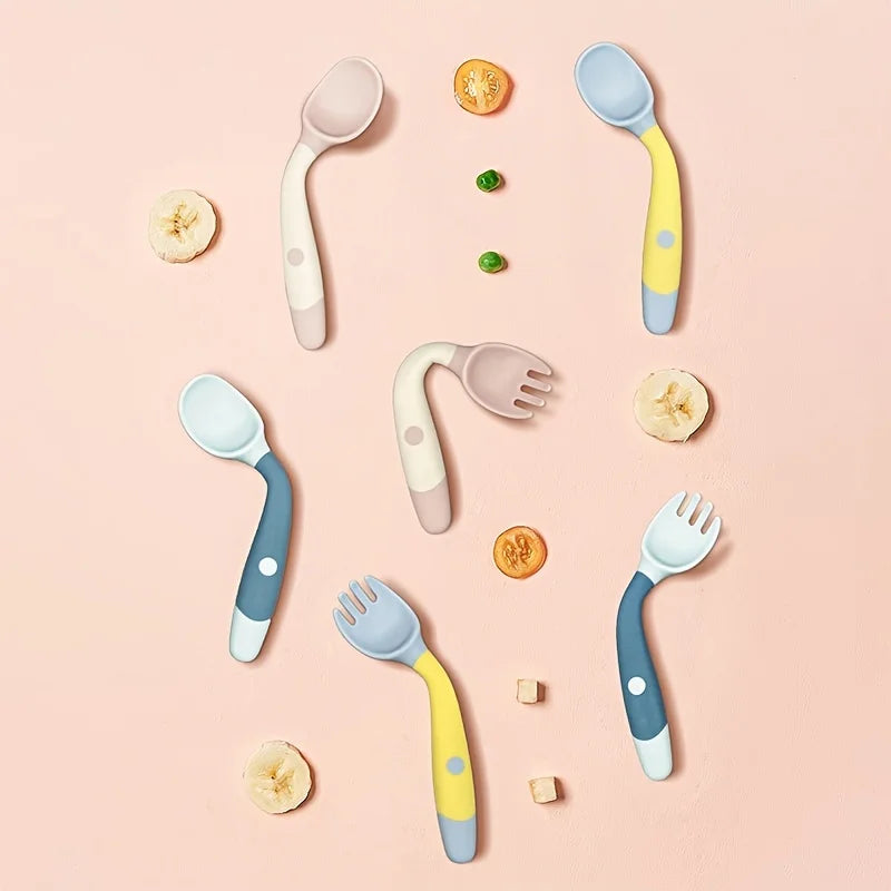 Bendable Baby Fork & Spoon Set – Soft Silicone Training Utensils | Adjustable Angle Toddler Feeding Tableware