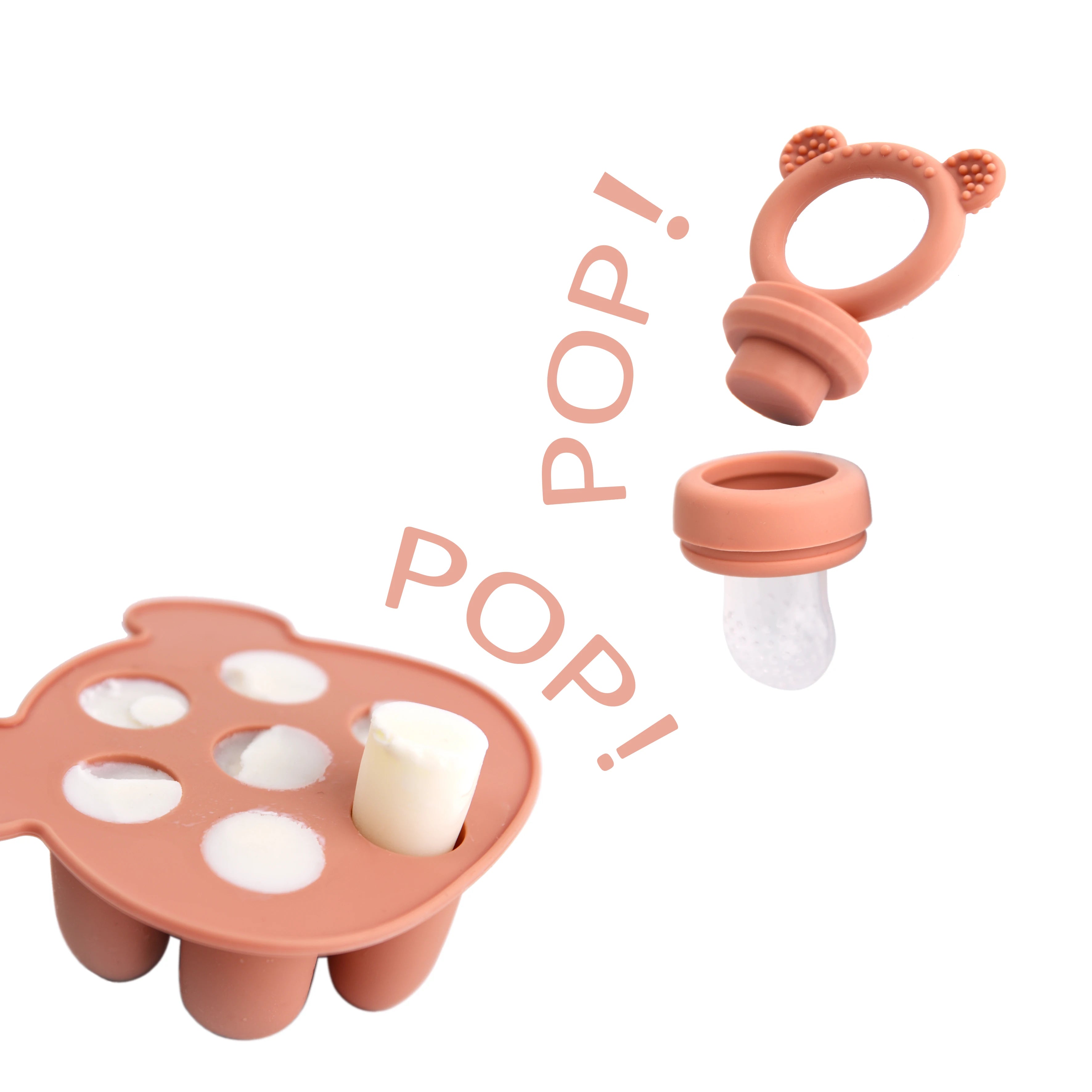 Baby Fruit Feeder & Silicone Freezer Tray Set – Animal Design Bear Teether with Breast Milk, Food & Popsicle Storage Mold | BPA-Free Baby Feeding Essentials