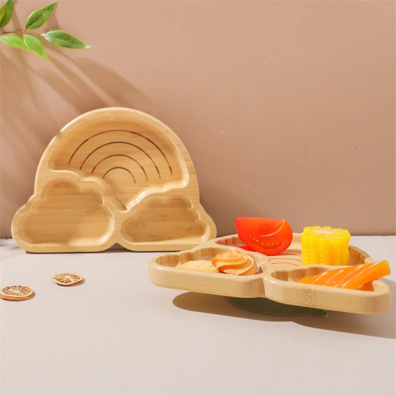 Baby Wooden Tableware Set – Bamboo Plate & Bowl with Silicone Suction Base + Wooden Handle Fork & Spoon | Cartoon Sheep Feeding Set for Toddlers & Kids