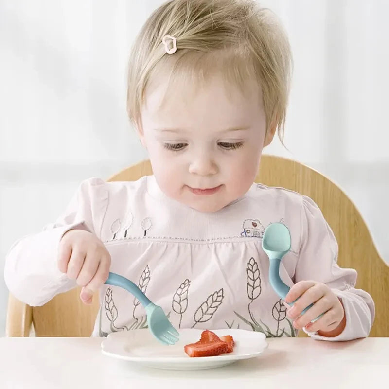 Bendable Baby Fork & Spoon Set – Soft Silicone Training Utensils | Adjustable Angle Toddler Feeding Tableware