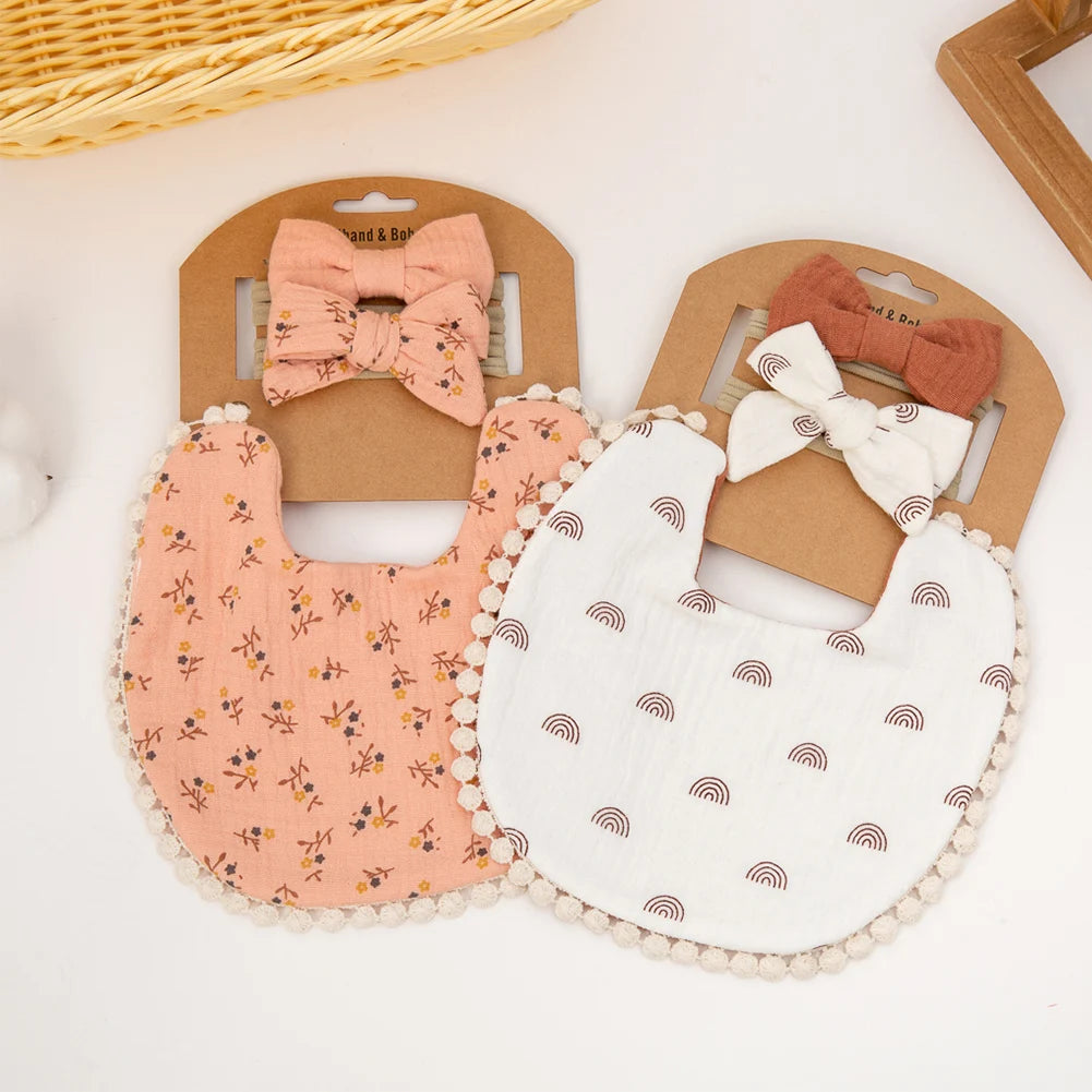 3PCS Baby Bib & Headband Set – Floral Linen Double-Sided Feeding Bib, Bow Nylon Hairbands & Burp Cloth | Unisex Baby Accessories
