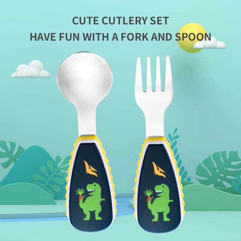 2PCS Toddler Utensils Set – Stainless Steel Spoon & Fork with Cute Cartoon Dinosaur Short Handle | Kids Feeding Cutlery