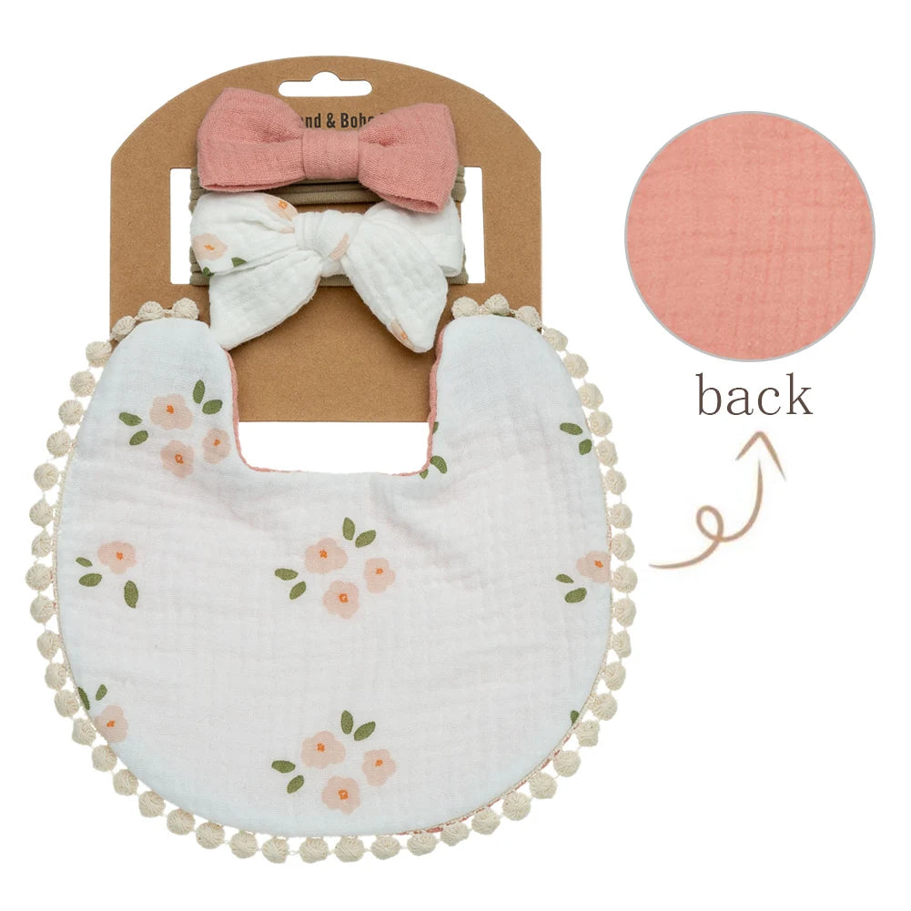 3PCS Baby Bib & Headband Set – Floral Linen Double-Sided Feeding Bib, Bow Nylon Hairbands & Burp Cloth | Unisex Baby Accessories